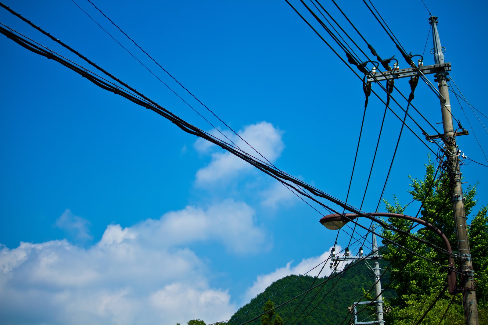 街灯の付いた電柱と電線が走る真夏の青空