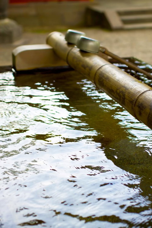 竹の筒から水が流れ落ちる境内の手水場