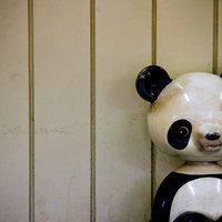 壁際に置かれた朽ちたパンダの遊具の写真