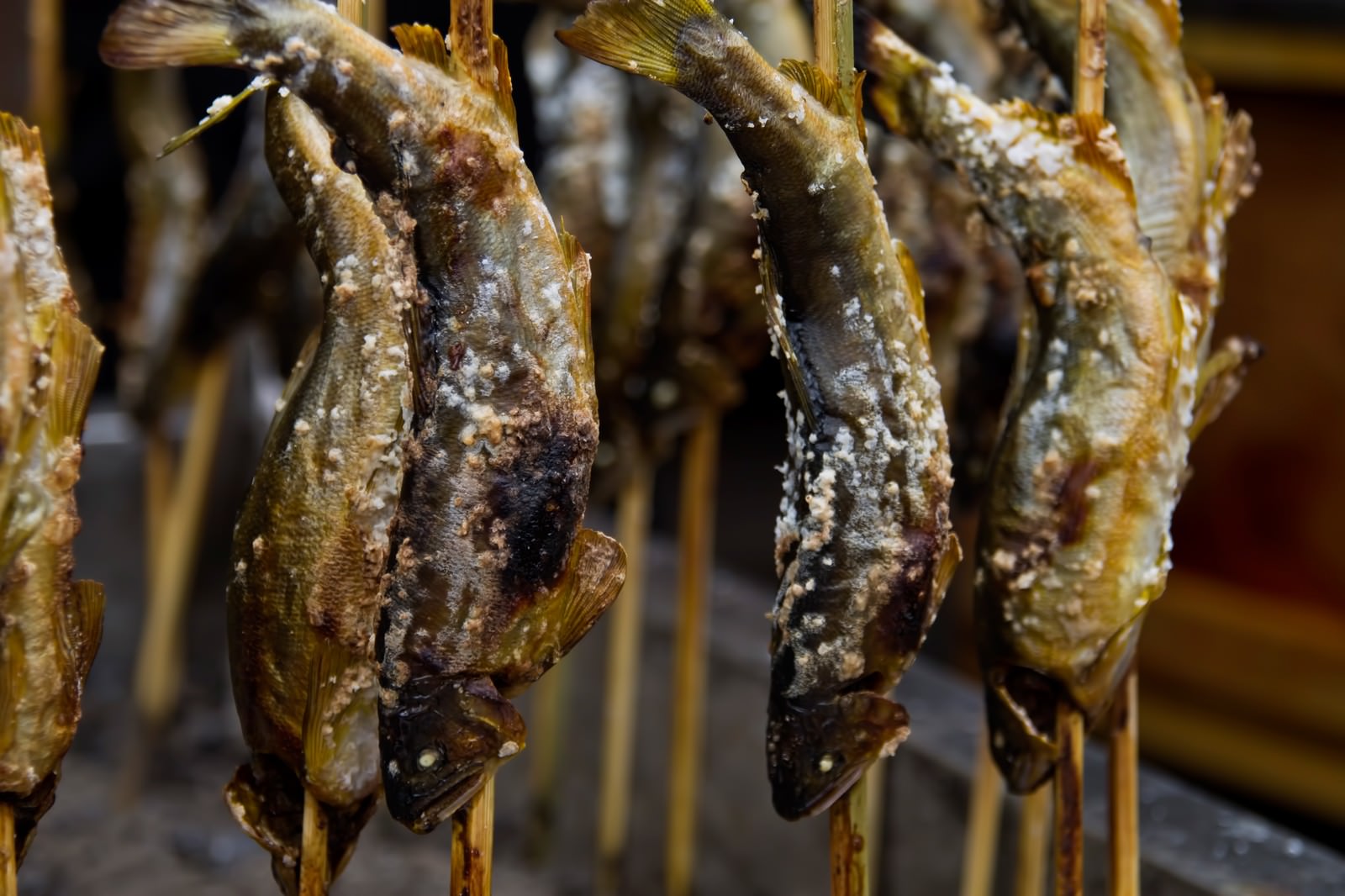 串に刺された鮎の塩焼き