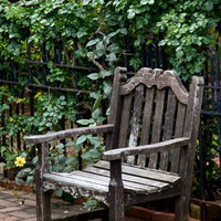 レンガ敷きの庭に置かれた古い洋風の木製ベンチの写真