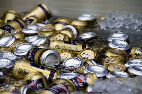 氷の上に散らばる金と銀の缶ビールを冷やす風景