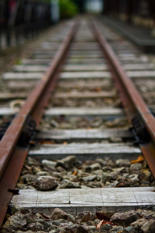 石の間を奥へ伸びるまっすぐ続く線路と木の枕木