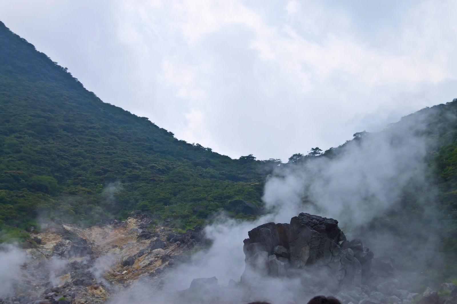 緑の山の斜面から白い蒸気が立ち上る大涌谷