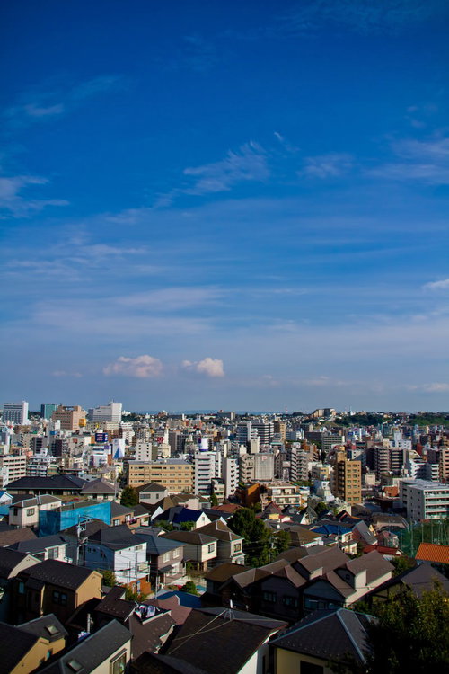 高い位置から見下ろす住宅とビルが密集する横浜の街並み
