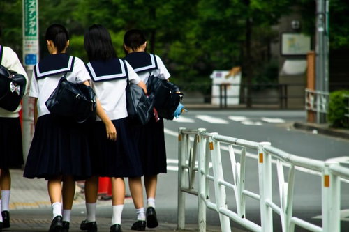 緑の並木道を歩くセーラー服の下校中の女子中学生
