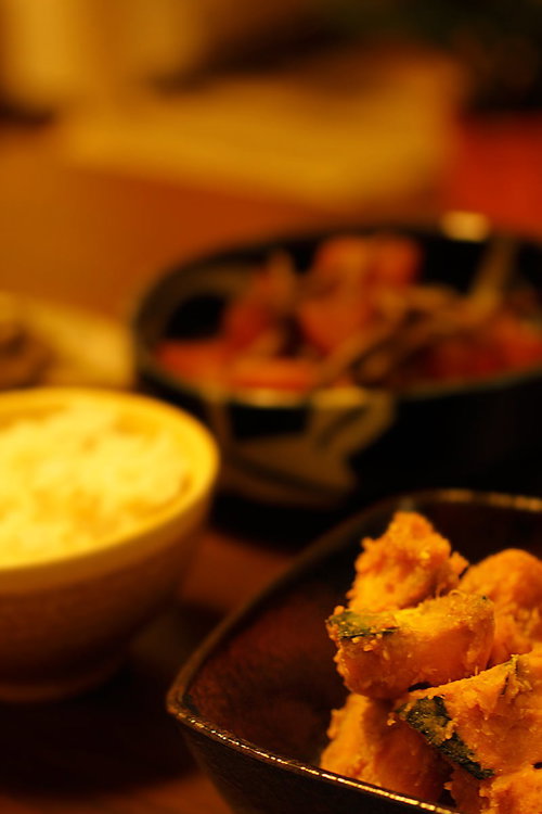 かぼちゃの煮物と揚げ物のご飯定食