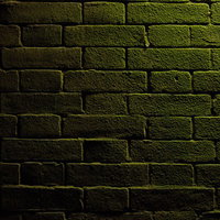 緑の光が当たる仄暗いレンガの壁の写真