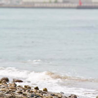 波が打ち寄せる猿島の砂浜と海の遠景の写真