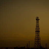 夕方の空に立つ鉄塔と送電線の写真
