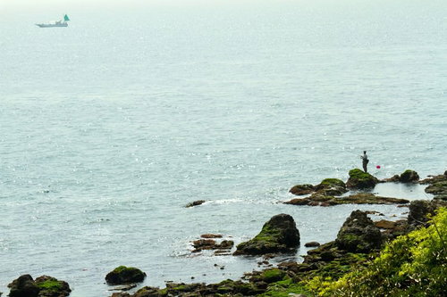 苔の生えた岩場で釣りをする人と漁船