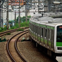 複数の線路を走る渋谷行の山手線の写真
