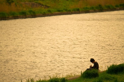金色の水面と夕暮れの河川敷に座る人