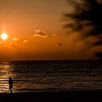 夕焼けの浜辺に立つ人々のシルエットの写真