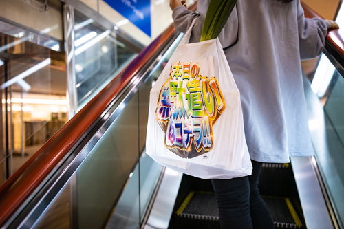 エコバッグを持ってエスカレーターに乗る買い物客の女性