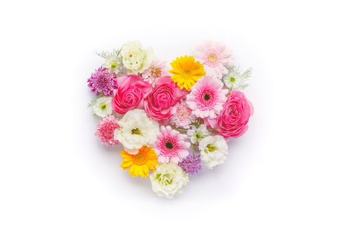 ピンクと紫のバラで作ったハート型の花束フレーム