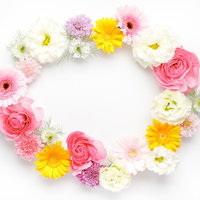 色とりどりの花で作ったお花の輪(楕円形フレーム)の写真