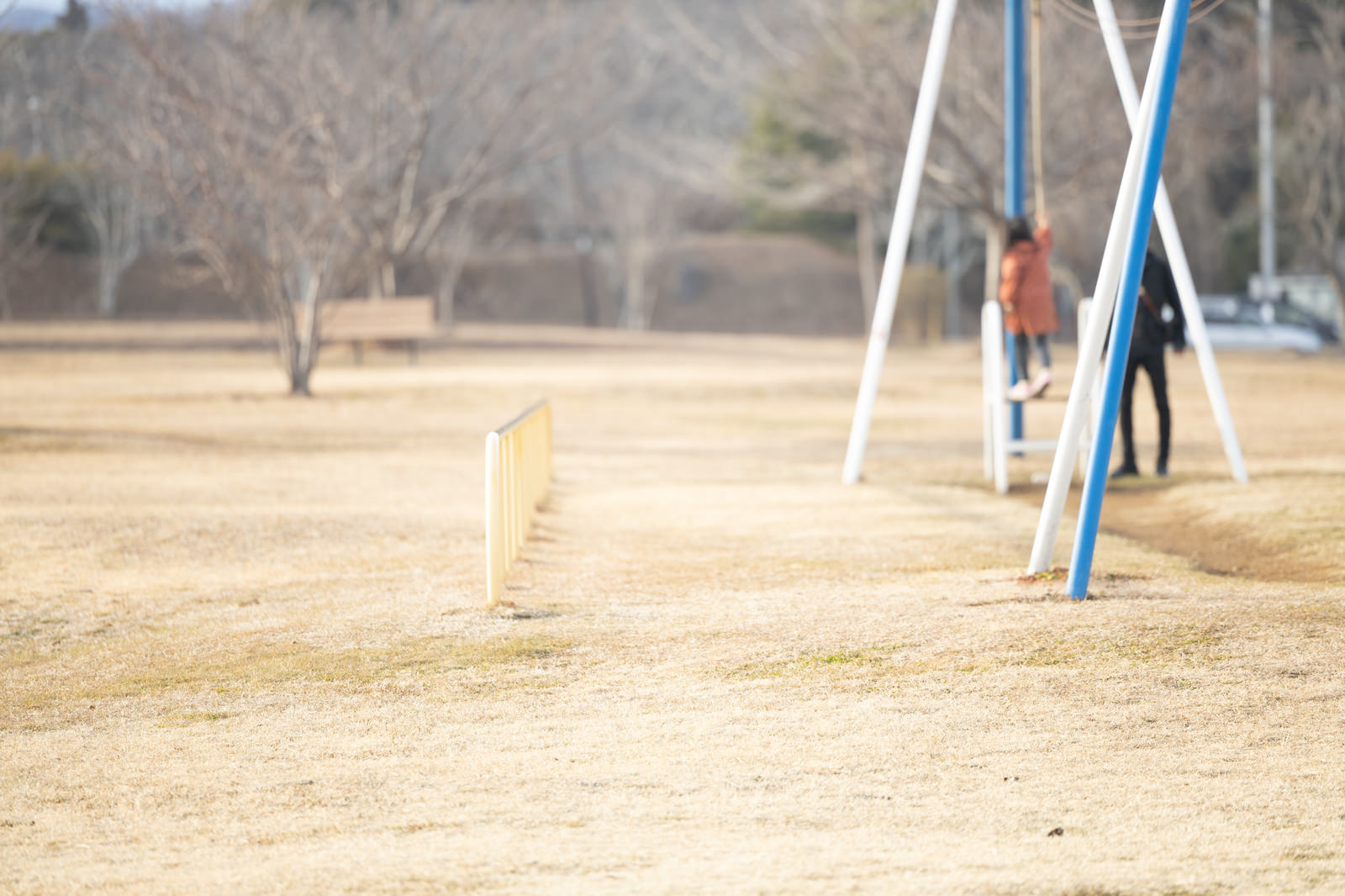 白と青のアスレチック遊具で遊ぶ家族が広い公園にいる