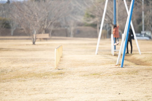 広々とした天神岬スポーツ公園のアスレチック遊具で遊ぶ家族