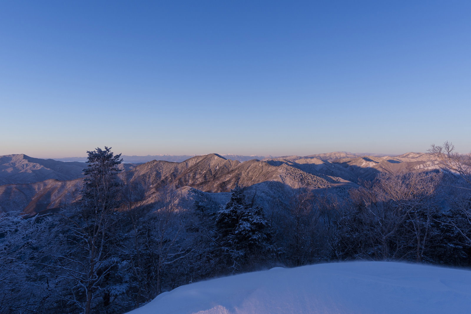 朝焼けに染まる奥秩父の雪山、雲取山を中心とした山々の風景