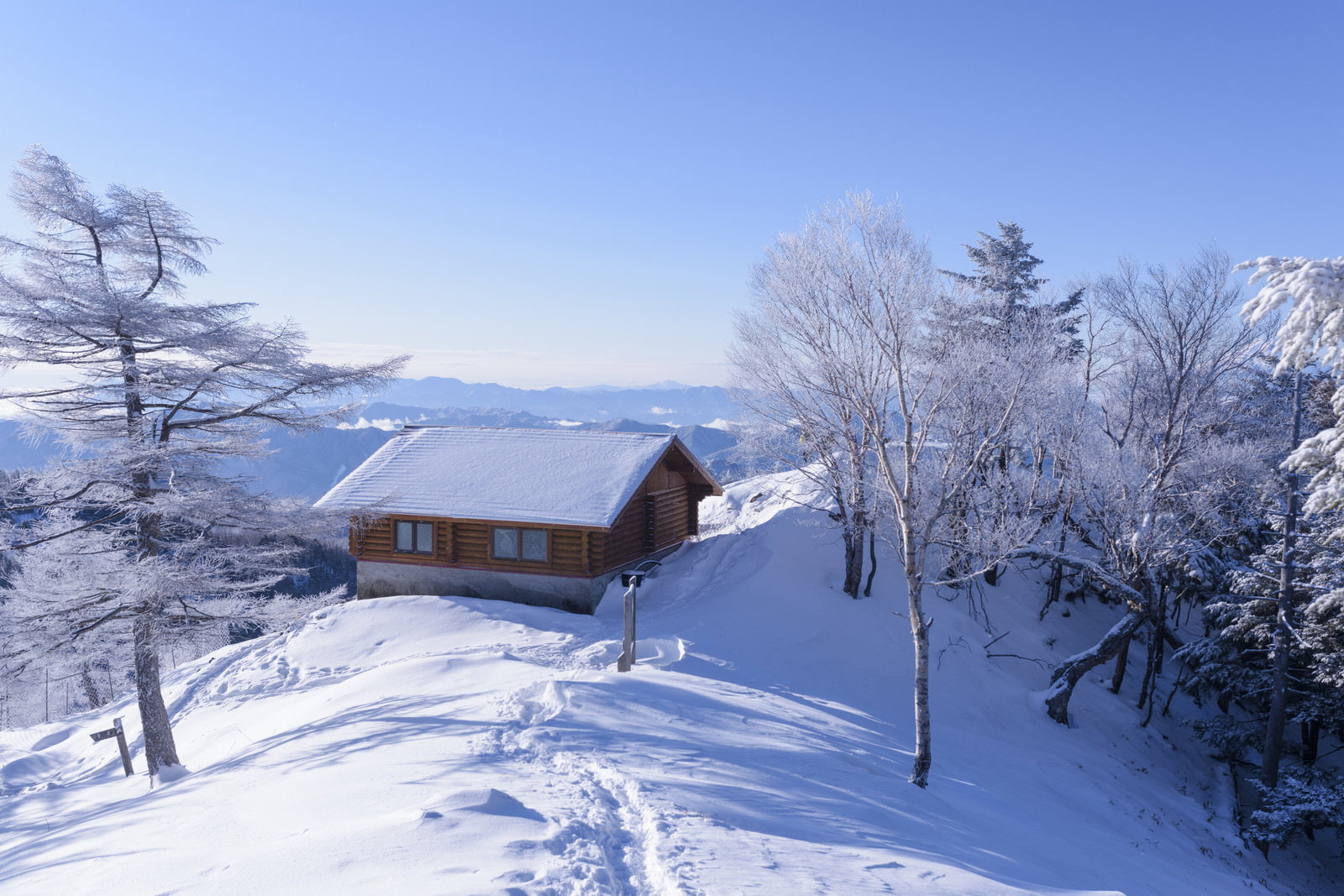 雪化粧した雲取山山頂に建つ避難小屋と霧氷で白く輝く樹木、青空が広がる冬景色