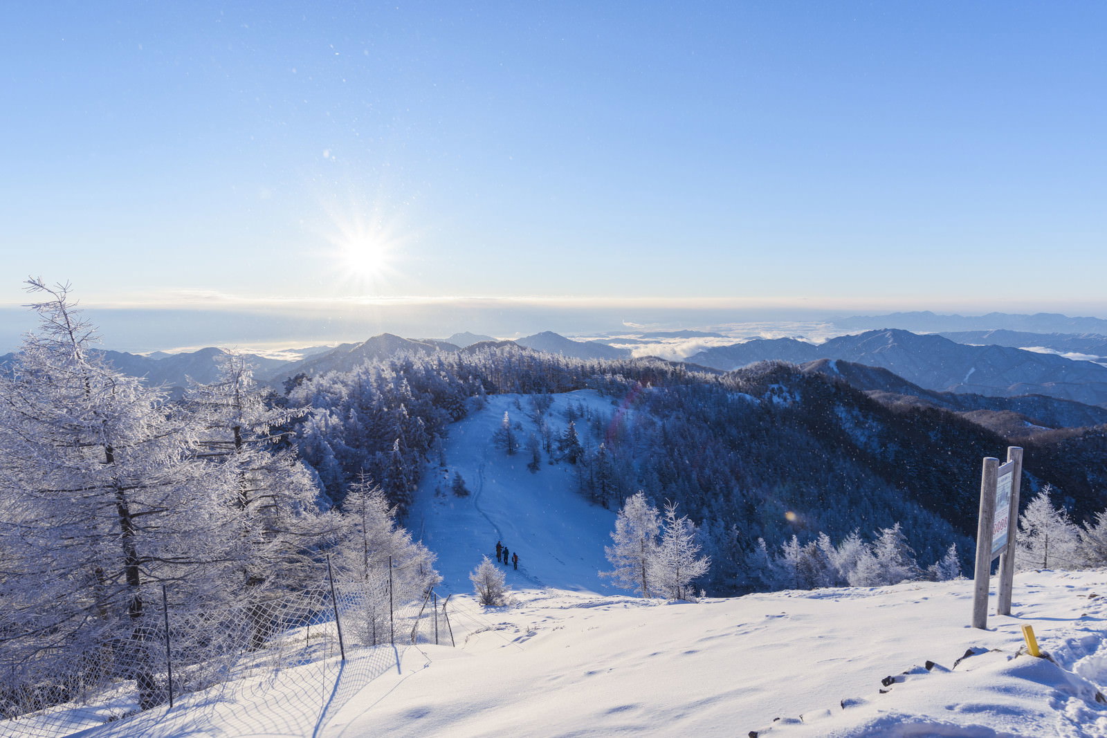 樹氷に覆われた雲取山の稜線から見下ろしたスキー場と朝日に照らされた遠くの山々