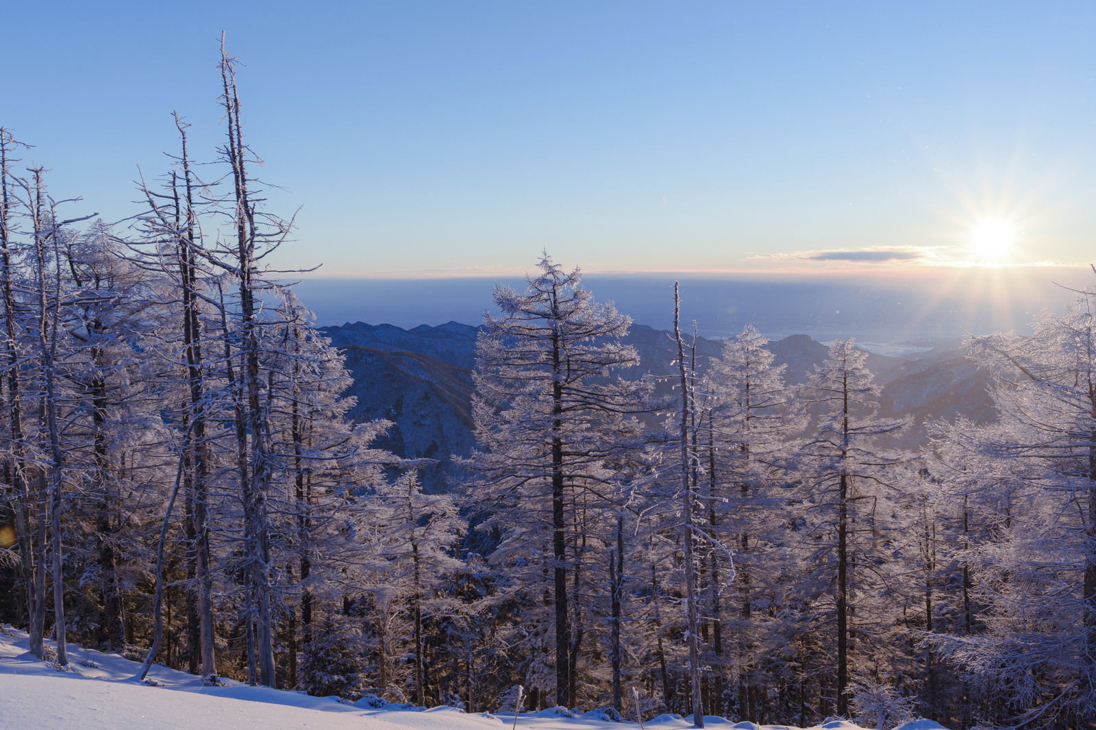 雲取山山頂から見た朝日と光芒が差し込む雪山の風景