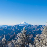 雲取山から見える霧氷と雪化粧の富士山の写真