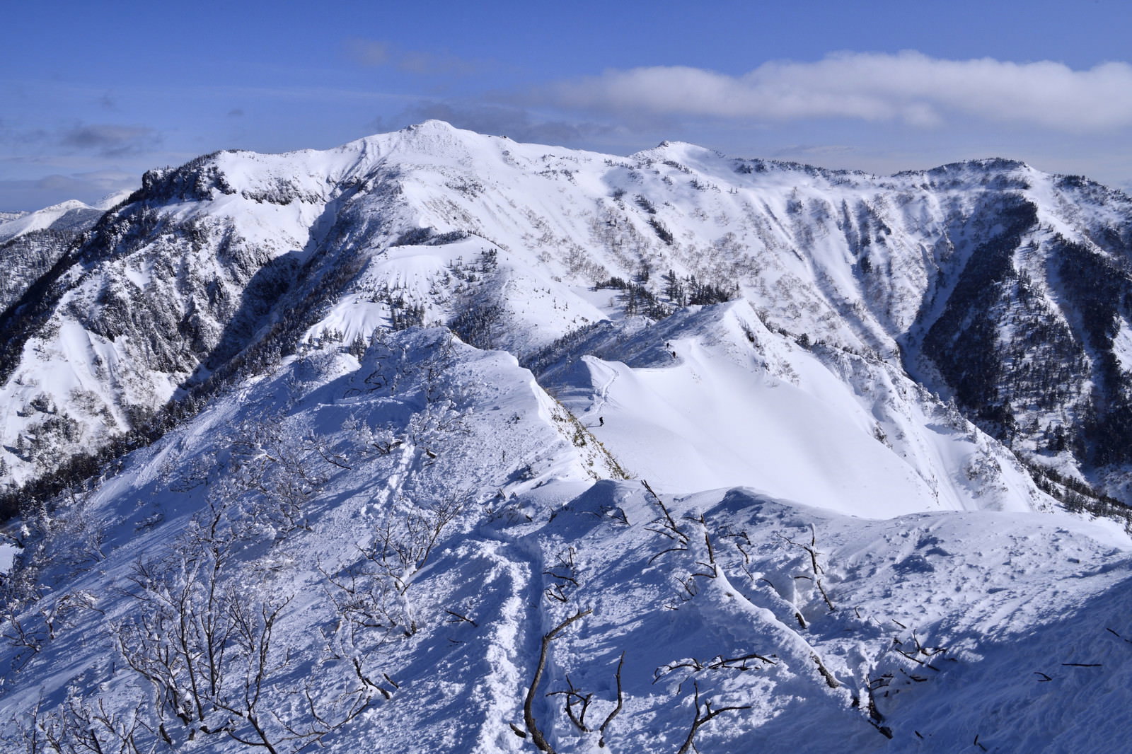 青空の下で雪に覆われた上州武尊山の山頂部分