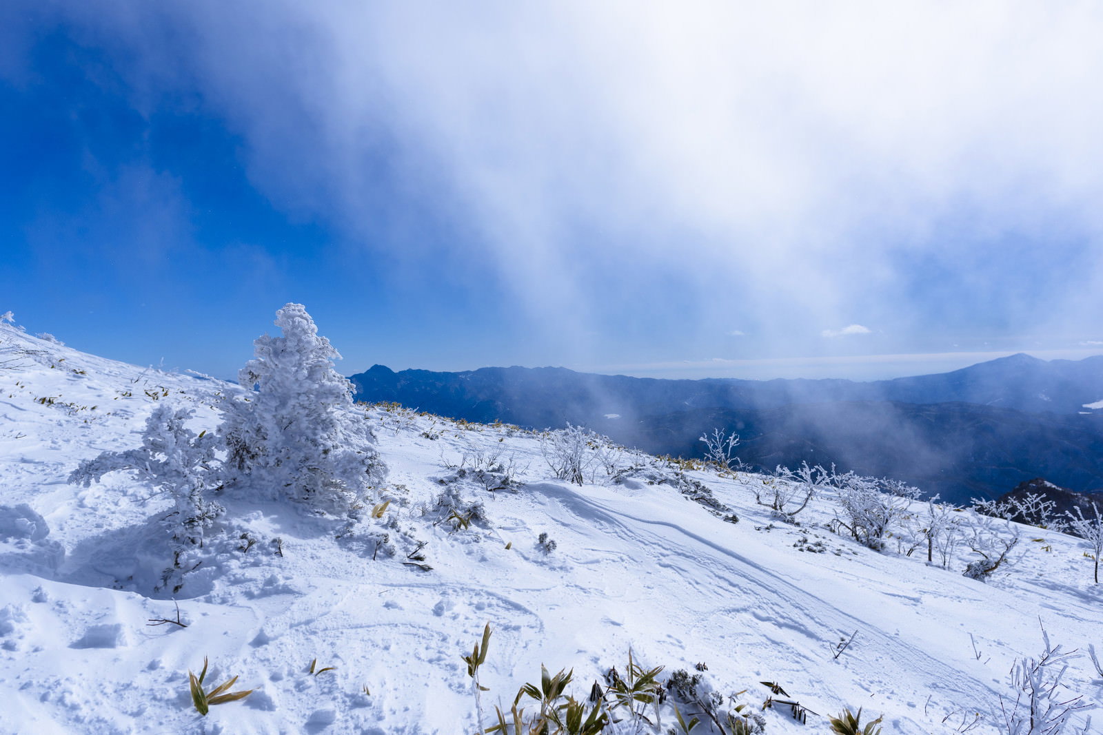 雪に覆われた上州武尊山の稜線と青空が広がる冬山の風景