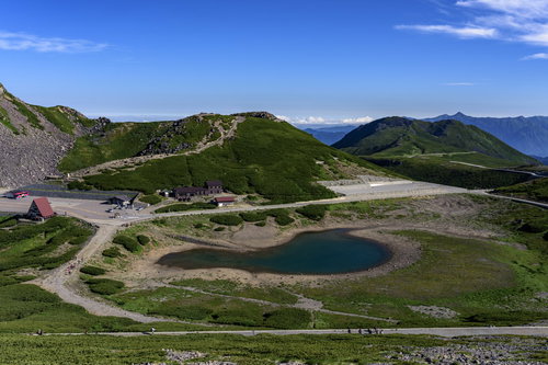 乗鞍岳畳平の権現池と青空、火口湖を囲む緑の高原