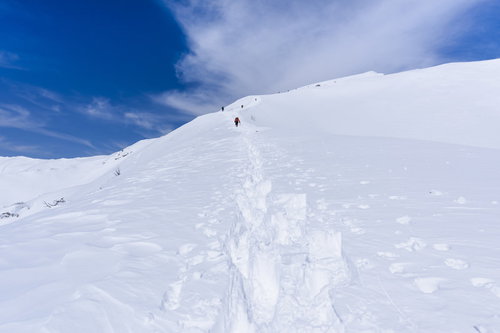 新雪の中を歩く登山者たち、谷川岳の冬景色
