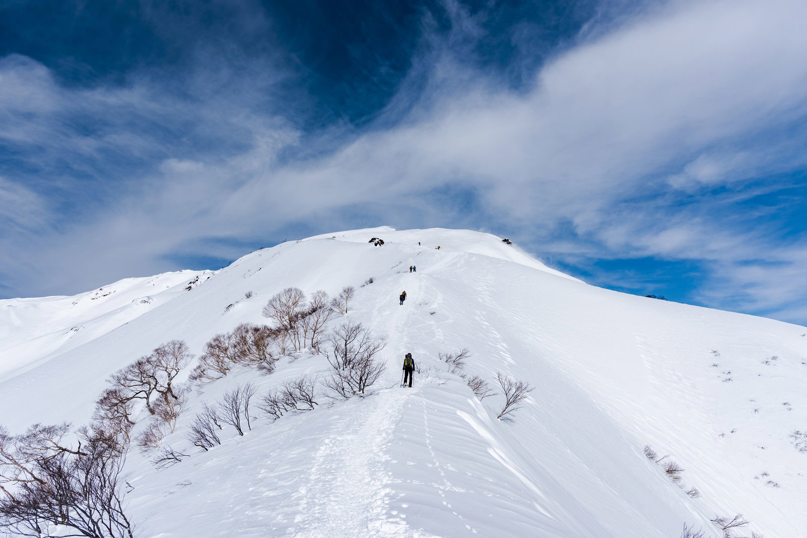 雪化粧した谷川岳の急な斜面を青空の下で撮影した写真