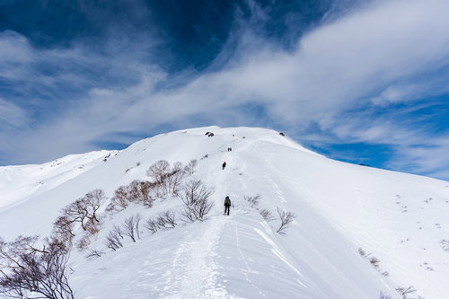 雪化粧した谷川岳の急な斜面を登山者が登る冬の風景