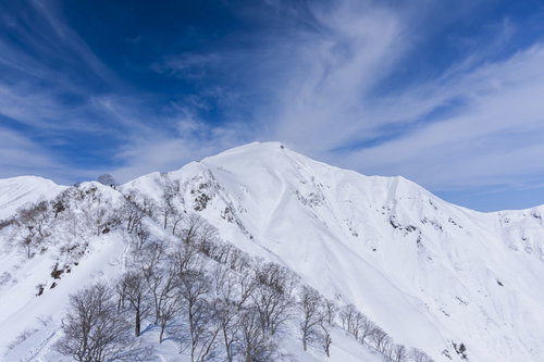 雪化粧した谷川岳の山頂を見つめる冬山の雄大な景観