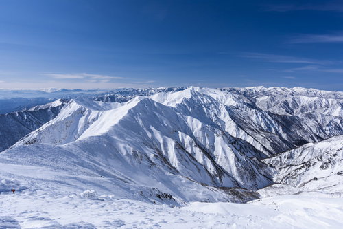 豪雪に覆われた谷川岳主脈の冬山景観と雪稜の全景