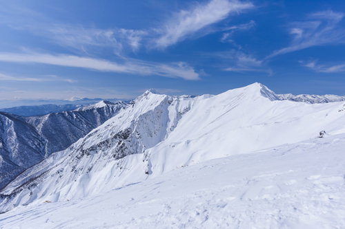 青空の下に広がる谷川主脈の雪稜線
