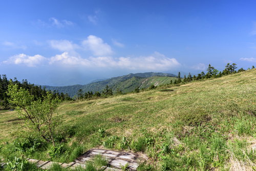 会津駒ヶ岳の広い稜線と木道が続く高原風景（福島県南会津郡）