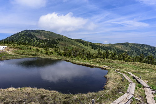 会津駒ヶ岳の高層湿原を歩む木道と水鏡に映る空と雲