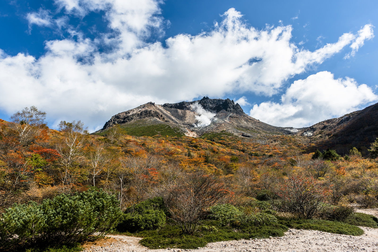 姥ヶ平の色鮮やかな紅葉と青空に映える那須岳の山並み