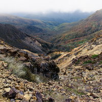 火山性の大地と樹林帯の紅葉が彩る那須岳の登山道の写真