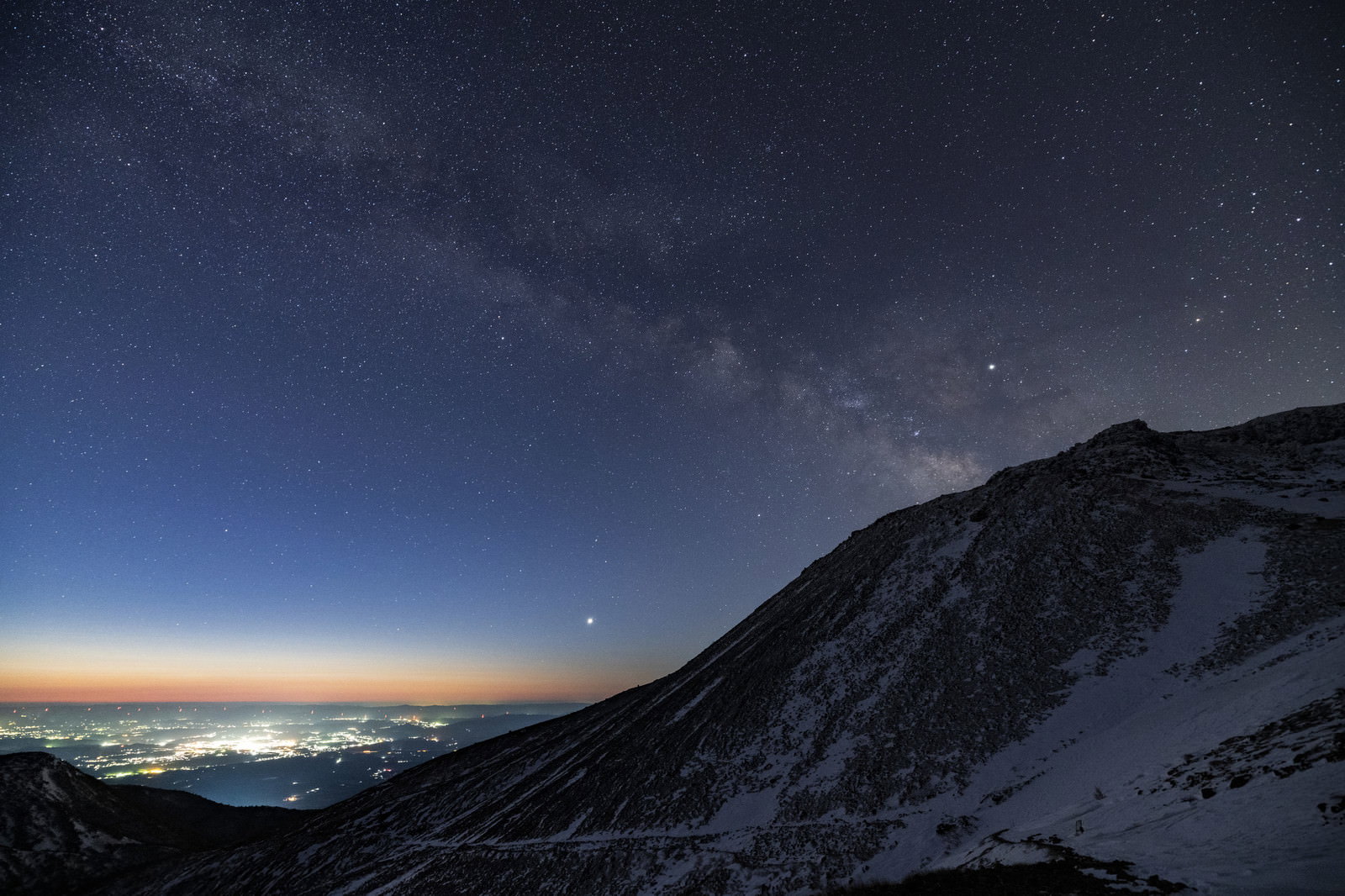 那須茶臼岳の雪山と天の川の夜空