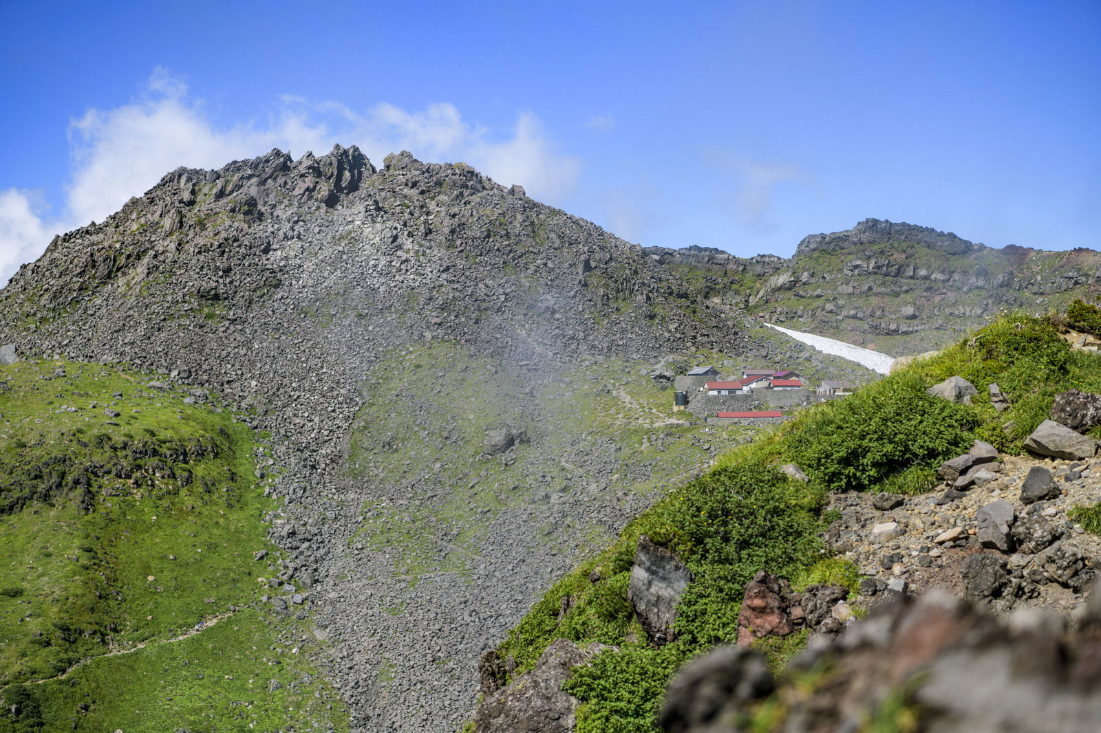 青空の下、外輪山から鳥海山の山頂と山小屋を望む登山風景