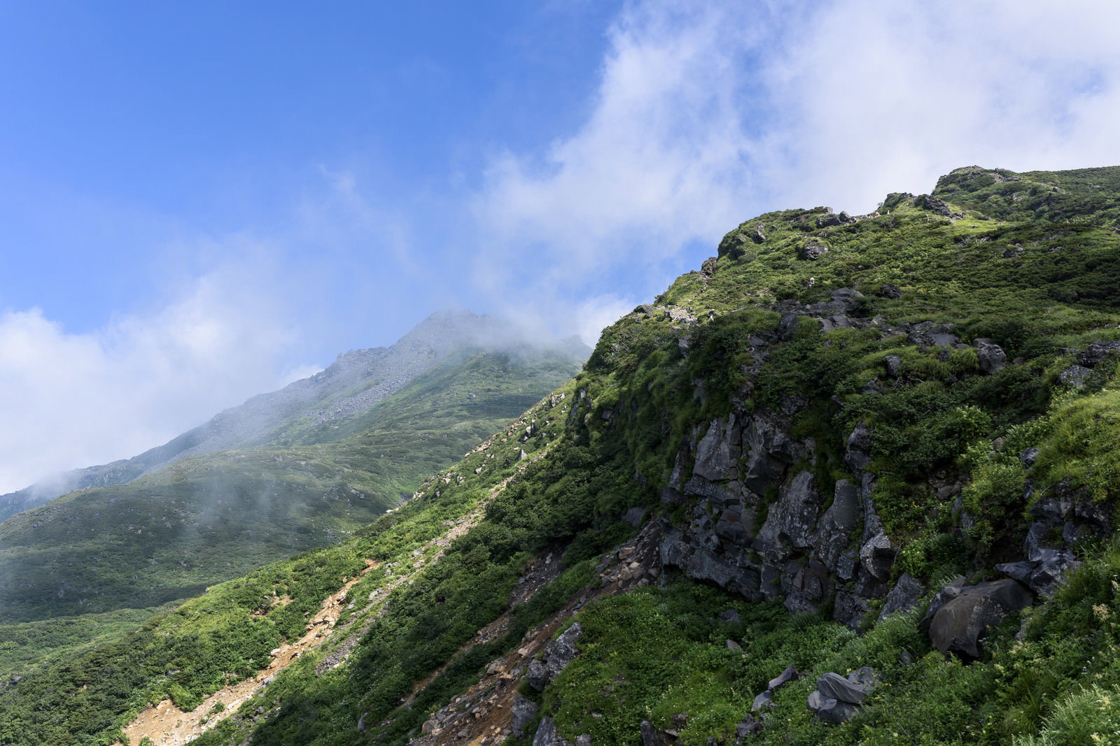 夏の鳥海山山頂付近と岩壁