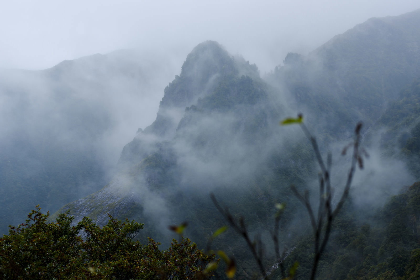 霧に包まれた巻機山の天狗岩、ガスの中に浮かぶ岩山