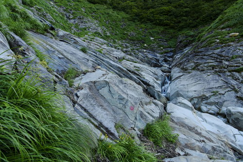 巻機山ヌクビ沢登山道の渓流と岩場の自然風景