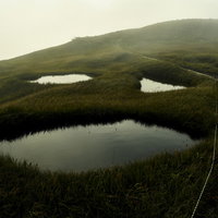 不気味にほほ笑む池塘、巻機山の湿原と秋の木道風景の写真
