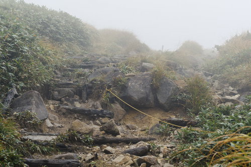 尾根の先は雲の中、視界不良の巻機山登山道
