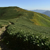 巻機山から牛ヶ岳へ続く稜線の登山道と山々の景観の写真