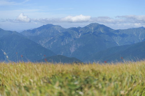 巻機山の山頂から見る越後三山方面の展望と秋の黄金色草原
